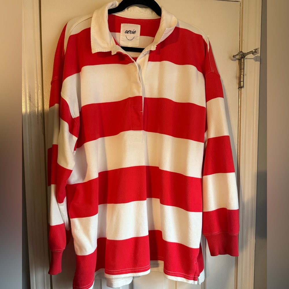 Aerie Red and White Striped Rugby Top